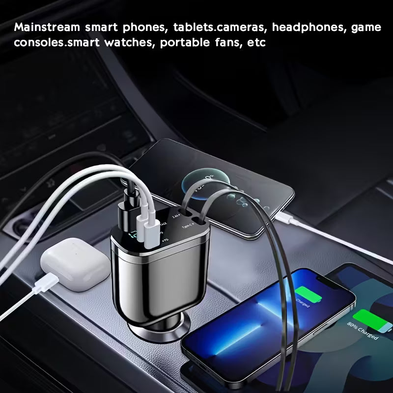 Caricatore Auto 120W con Cavi Retrattili